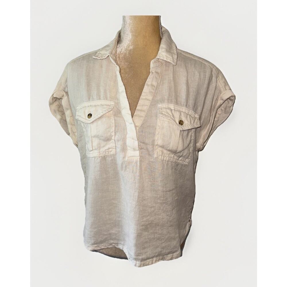 Nicole Miller New York short-sleeve collared 100% Linen blouse Size M